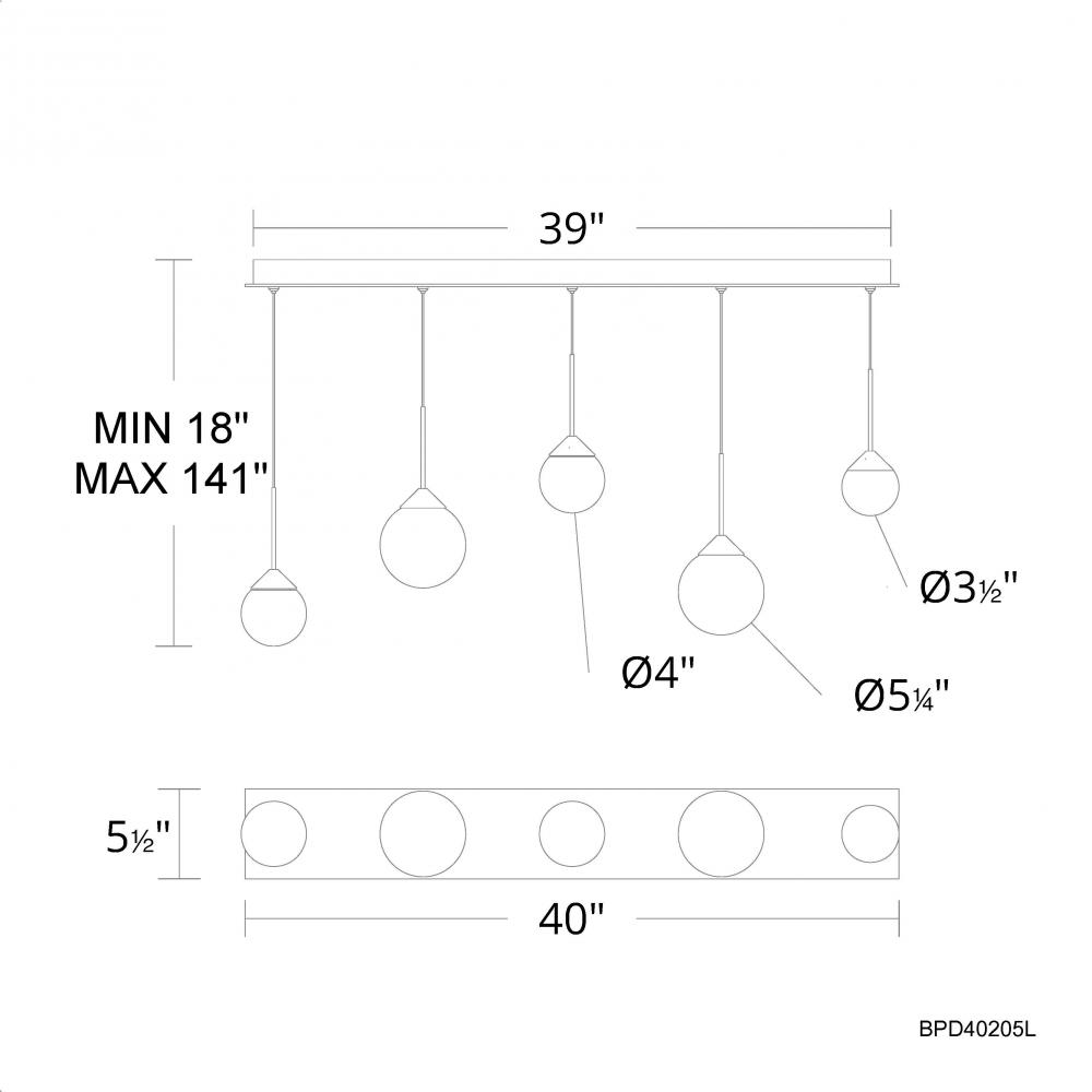 Quest 5 Light 120-277V Multi-Light Pendant (Linear Canopy) in Aged Brass with Optic Haze Quartz